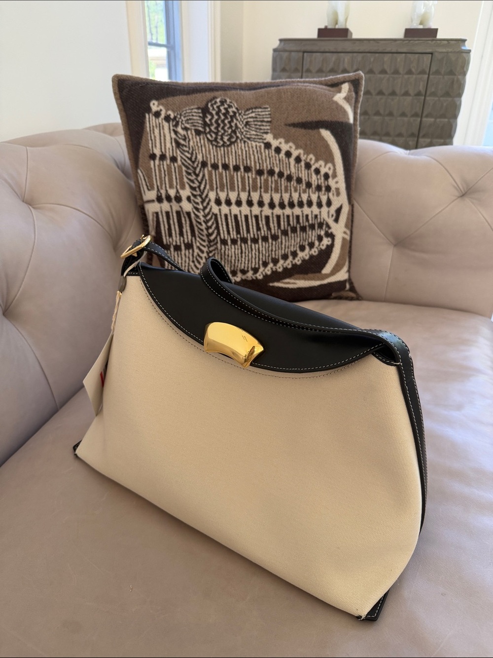 Elegant Cream and Black Women's Shoulder Bag with Gold Hardware
